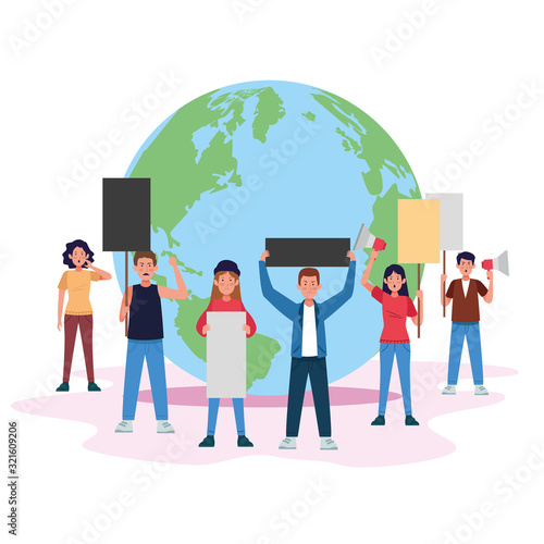 protesting people with banners and megaphone in the world planet