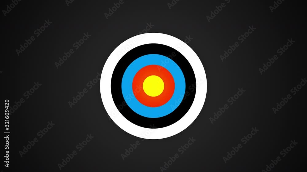 Targeting, aiming, goal setting concept. Defocused round target acquires clear features, the crosshair of rangefinder aims directly at center of target. Colorful target on dark gray background. Targeting, aiming, goal setting concept. Defocused round target acquires clear features, the crosshair of rangefinder aims directly at center of target. Colorful target on dark gray background.
