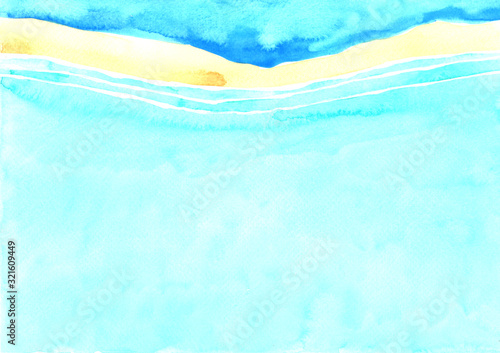 Ocean wave on top view at coastal beach watercolor hand painting background for decoration on summer season.