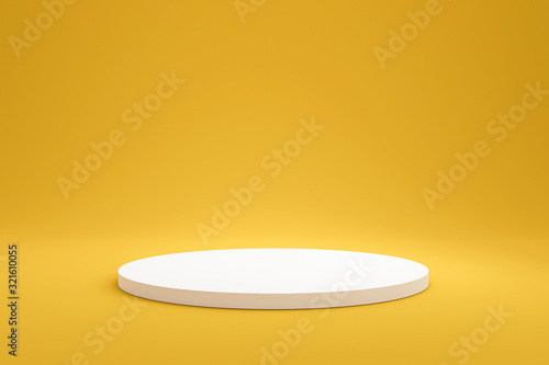 White podium shelf or empty pedestal display on vivid yellow summer background with minimal style. Blank stand for showing product. 3D rendering.
