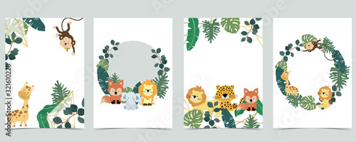 Green collection of jungle frame set with leaf,leaves,leopard,lion,giraffe vector illustration for birthday invitation,postcard,logo and sticker