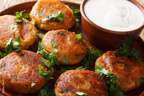 Tasty Aloo Tikki is a popular Indian street food which is basically crispy and spicy potato patty with yogurt close-up on the table. horizontal