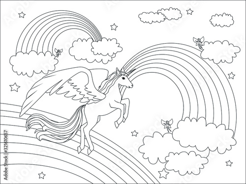 Beautiful unicorn flying on clouds. Black and white vector illustration for coloring book