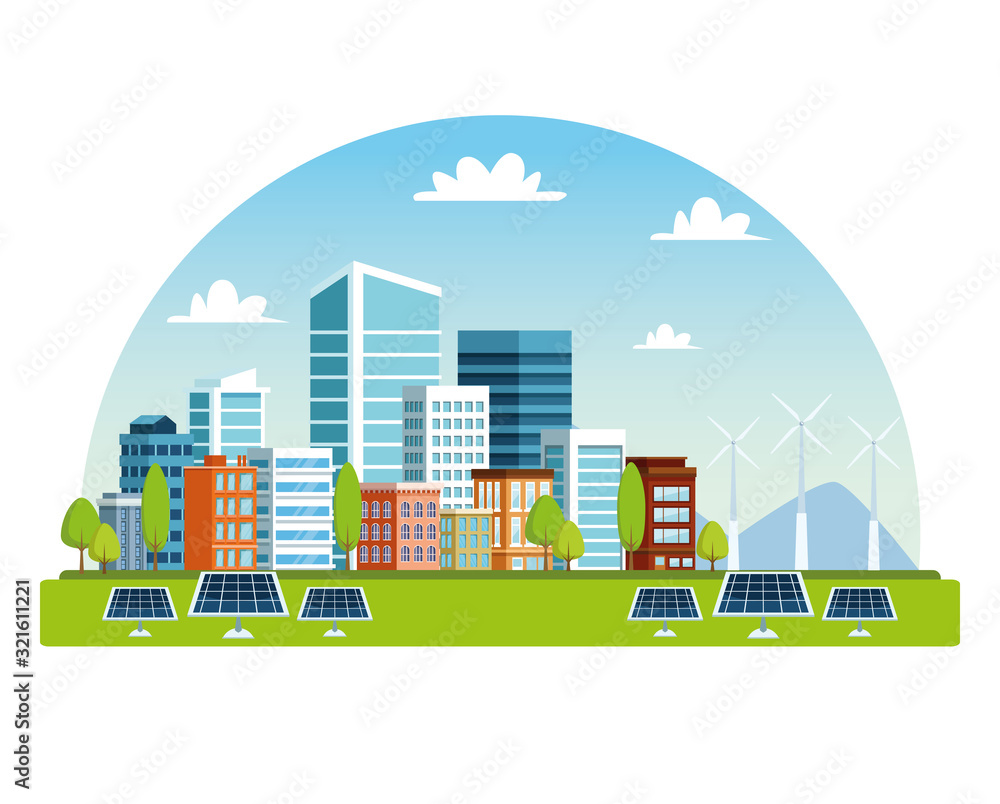 buildings and solar panels cityscape scene