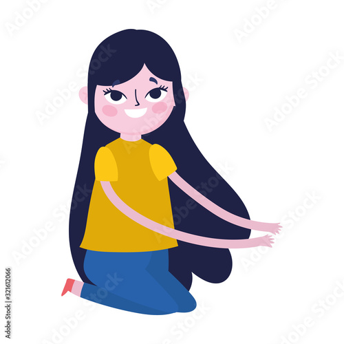 kneeling young woman cartoon character on white background