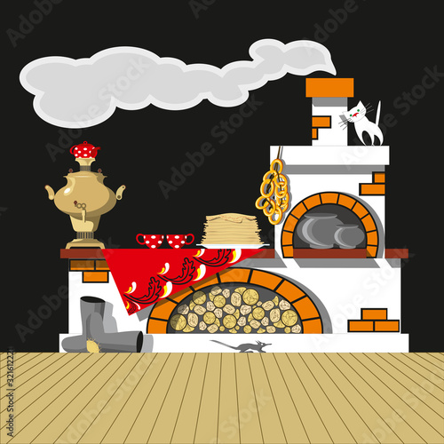 Russian oven, samovar, pancakes, bagels, felt boots. Vector set for decoration of the Russian holiday Maslenitsa. Shrovetide