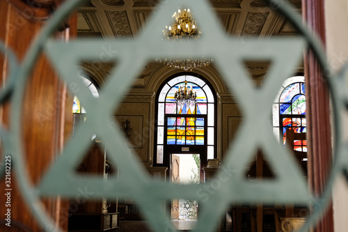 Art interior in Moroccan synagogue of Casablanca.