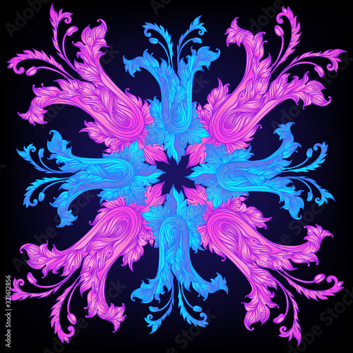 Vintage baroque floral patterned frame in bright neon colors. 1980s style. Or...