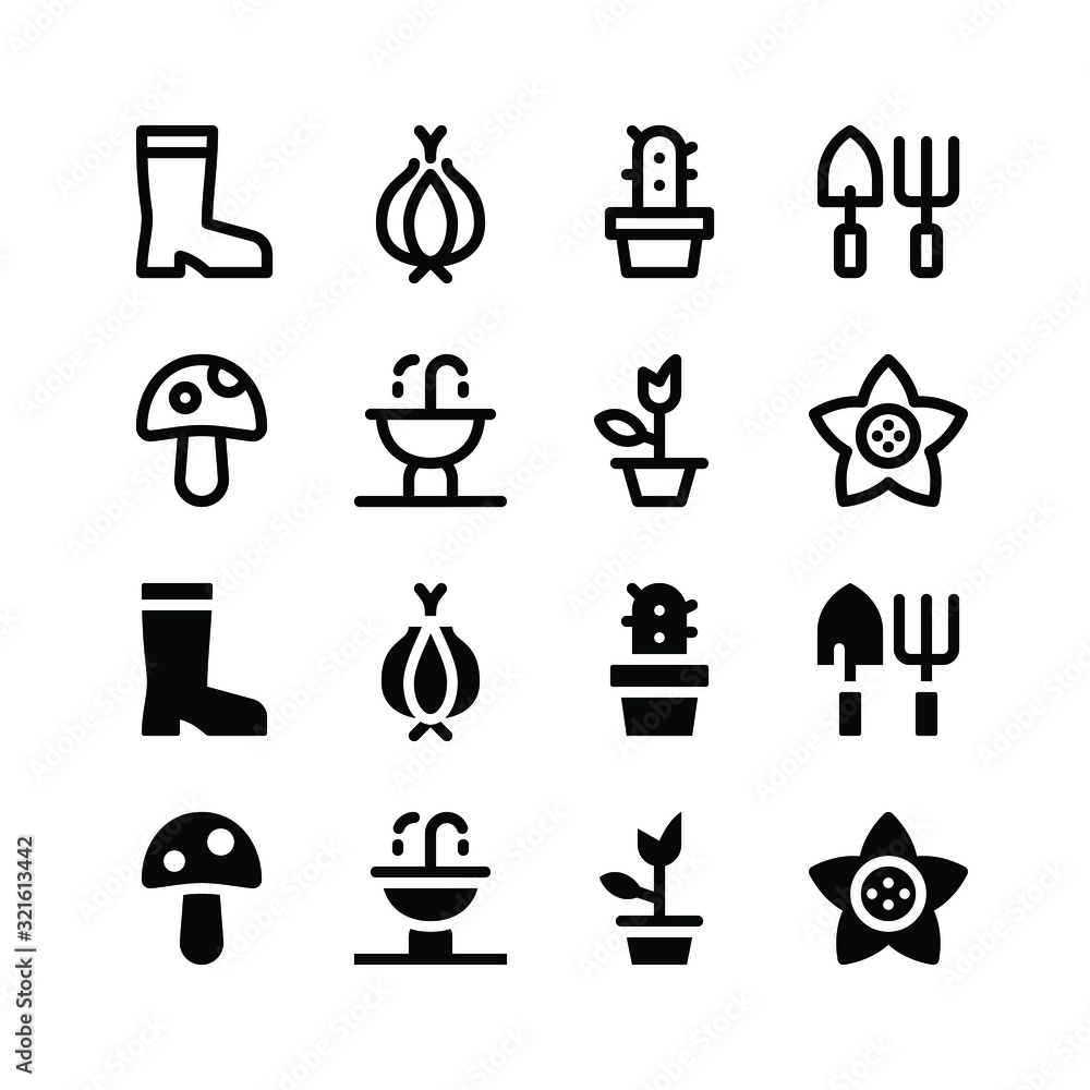 Simple Set of Spring Vector Glyph and Line Icons including boot, onion, cactus pot, shovel, mushroom, fountain, flower, blossom Simple Set of Spring Vector Glyph and Line Icons including boot, onion, cactus pot, shovel, mushroom, fountain, flower, blossom