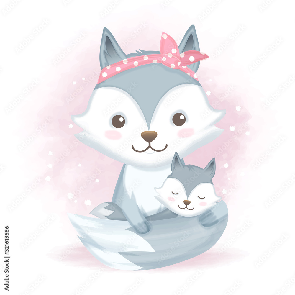 Cute baby fox and mother hand drawn cartoon animal illustration watercolor Cute baby fox and mother hand drawn cartoon animal illustration watercolor