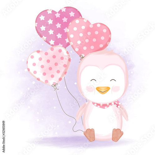 Cute penguin with balloon hand drawn cartoon illustration watercolor background