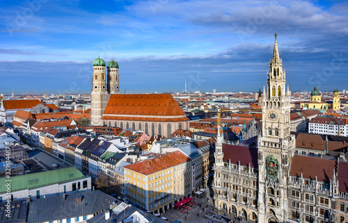 Panoramic view of Frauenkirche and Marienplatz in Munich, Germany.