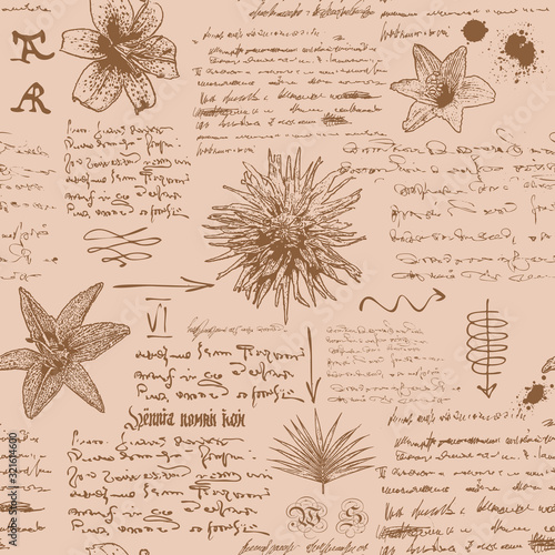  vector image of a seamless textural background in the style of notes from the diary of a botanist with sketches, formulas and notes