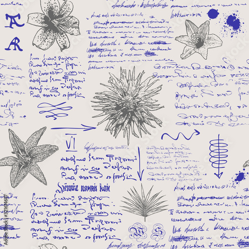  vector image of a seamless textural background in the style of notes from the diary of a botanist with sketches, formulas and notes