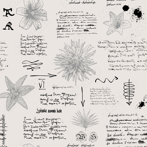  vector image of a seamless textural background in the style of notes from the diary of a botanist with sketches, formulas and notes