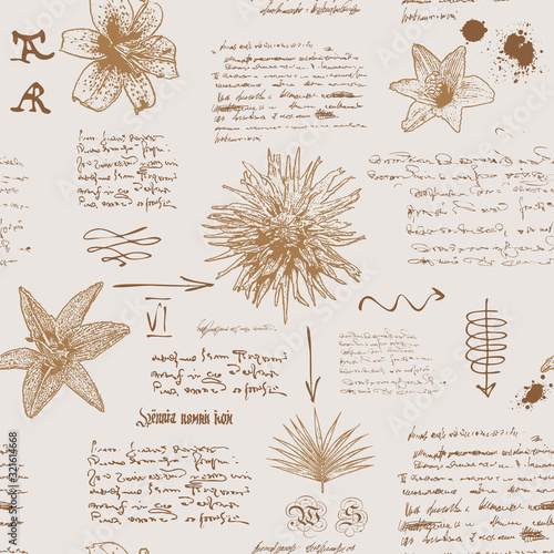  vector image of a seamless textural background in the style of notes from the diary of a botanist with sketches, formulas and notes