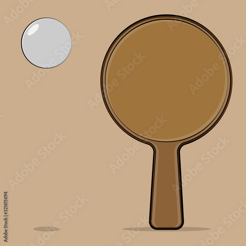 vector illustration sports equipment racket and ping pong ball with highlights, shadows on a brown background