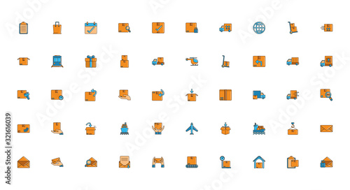 delivery cargo shipping distribution logistic icons set line and fill