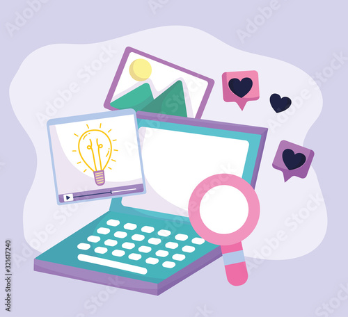 social media laptop searching picture creativity love bubbles