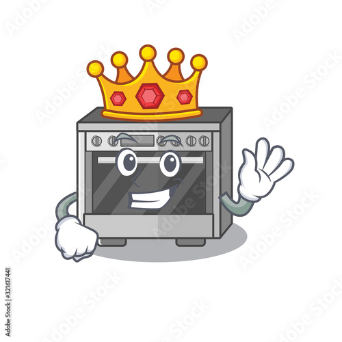 A cartoon mascot design of kitchen stove performed as a King on the stage