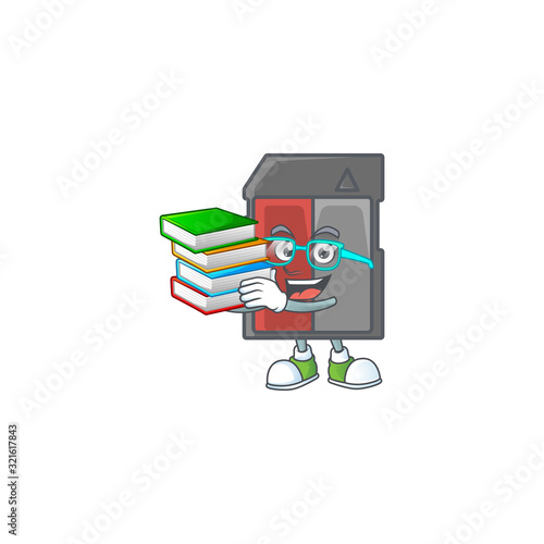 A brainy clever cartoon character of memory card studying with some books