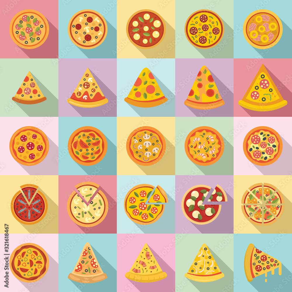 Pizza icons set. Flat set of pizza vector icons for web design Pizza icons set. Flat set of pizza vector icons for web design