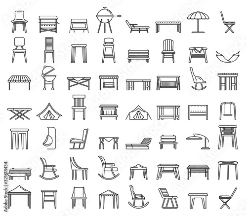 Outdoor garden furniture icons set. Outline set of outdoor garden furniture vector icons for web design isolated on white background