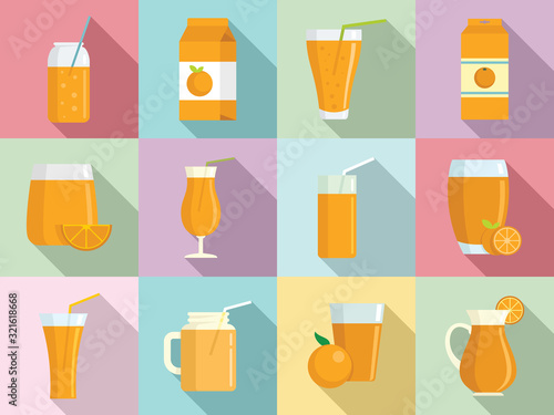 Juice orange icons set. Flat set of juice orange vector icons for web design
