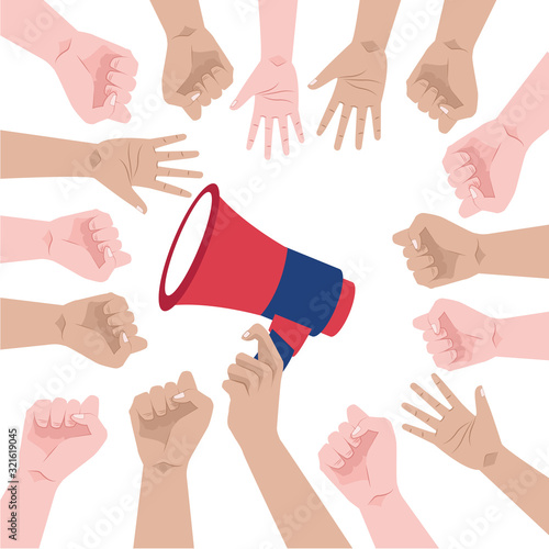 hands human up protesting with megaphone