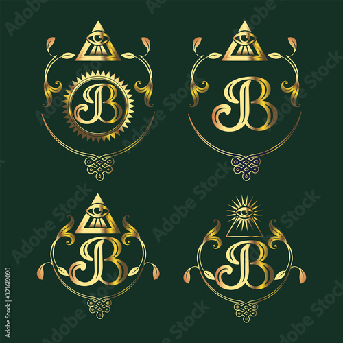 Letter B monogram. Set. An all-seeing eye in a triangle and a symbol surrounded by floral ornaments.
