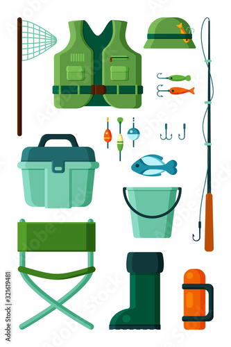 fishing collection. equipment for fisherman hobby spinning fish hook for season fishing on lake or sea. Vector flat set