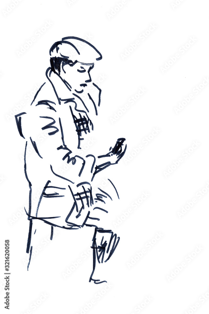 Graphic black and white drawing of a sitting man with a phone Graphic black and white drawing of a sitting man with a phone