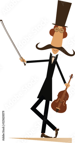Cartoon long mustache violinist illustration. Smiling mustache man in the top hat is playing music on the violin with inspiration isolated on white
