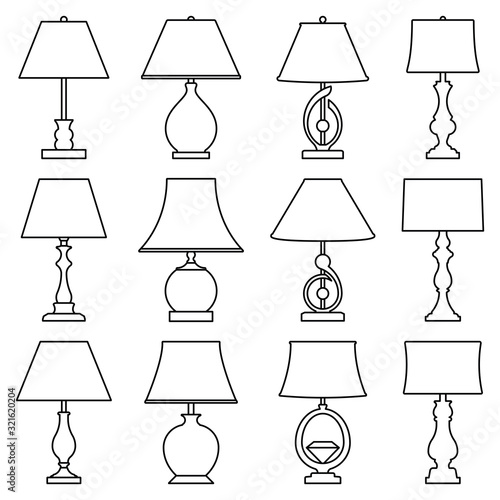 Table lamp icons set. Thin line vector