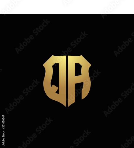 QA logo monogram with gold colors and shield shape design template