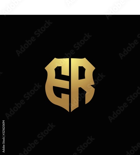 ER logo monogram with gold colors and shield shape design template