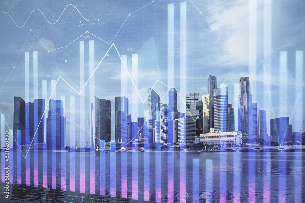 Forex chart on cityscape with tall buildings background multi exposure. Financial research concept.