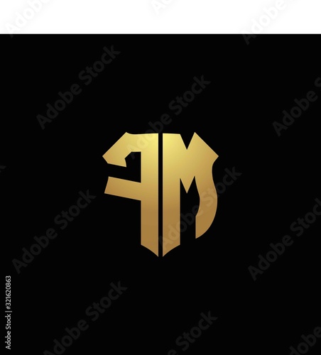 FM logo monogram with gold colors and shield shape design template