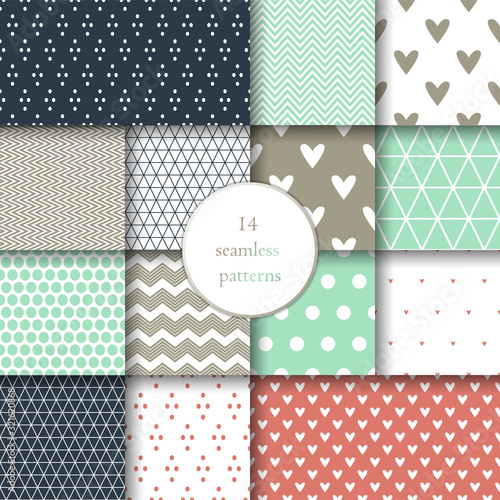 Coral,navy blue,mint colors.Pretty geometric seamless patterns.Vector illustration