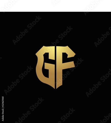GF logo monogram with gold colors and shield shape design template