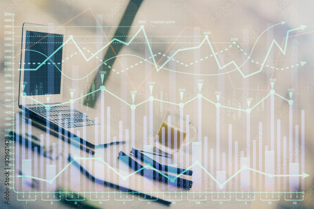 Stock market graph and table with computer background. Double exposure. Concept of financial analysis. Stock market graph and table with computer background. Double exposure. Concept of financial analysis.