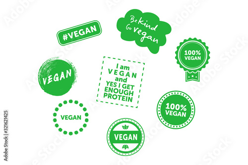 Collection of various signs on vegan theme. Be kind go vegan. Vector illustration.