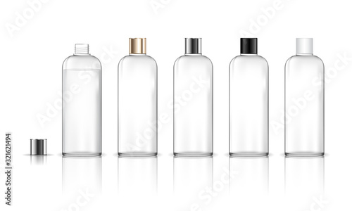 Cosmetic transparent plastic bottle. Liquid container for gel, lotion, cream, shampoo, bath foam. Beauty product package. Vector illustration.