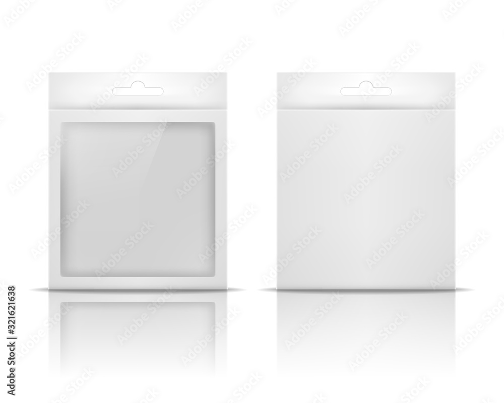 Blank paper packaging box with hanging hole isolated on white background. Product packge template. Vector illustration. - obrazy, fototapety, plakaty 