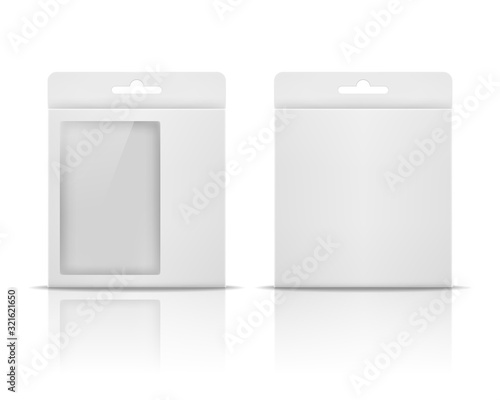 Blank paper packaging box with hanging hole isolated on white background. Product packge template. Vector illustration.