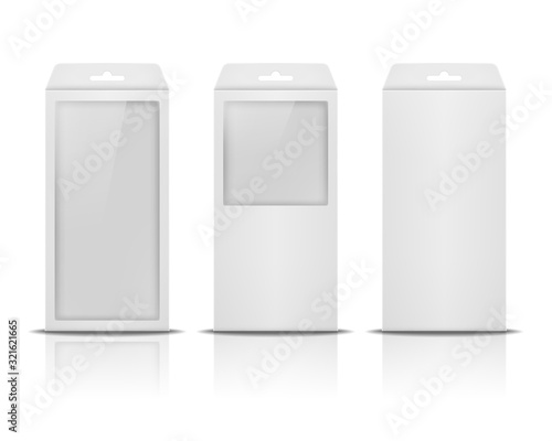 Blank paper packaging box with hanging hole isolated on white background. Product packge template. Vector illustration.