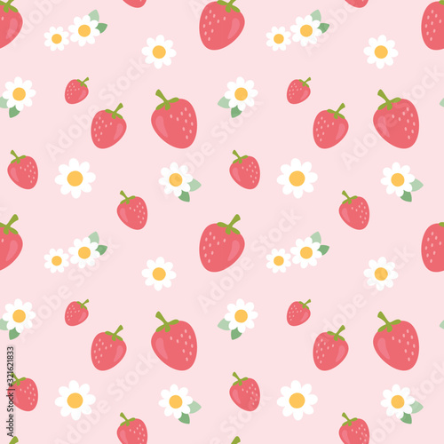 Seamless pattern with little strawberry and white flowers. Vector Illustration.