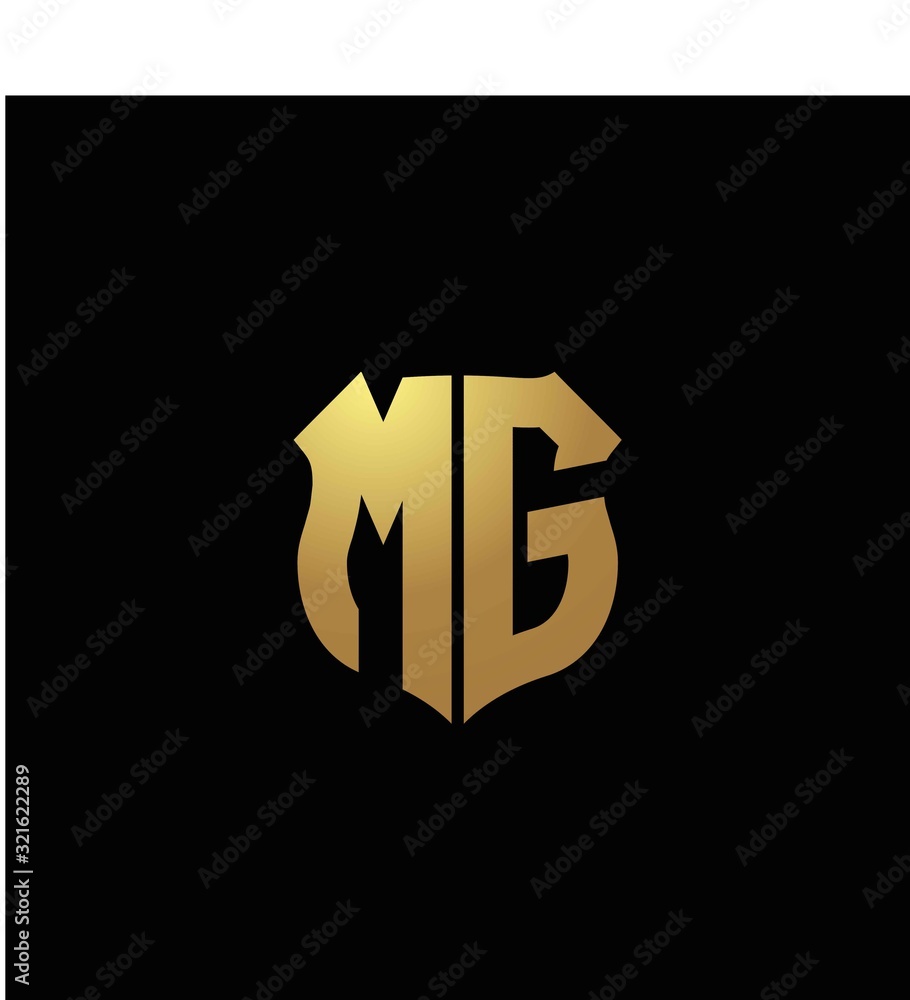 MG logo monogram with gold colors and shield shape design template ...