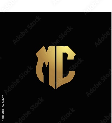 MC logo monogram with gold colors and shield shape design template