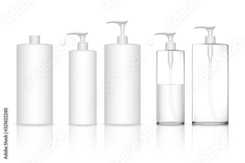 Cosmetic plastic bottle with dispenser pump. Liquid container for gel, lotion, cream, shampoo, bath foam. Beauty product package, vector illustration.